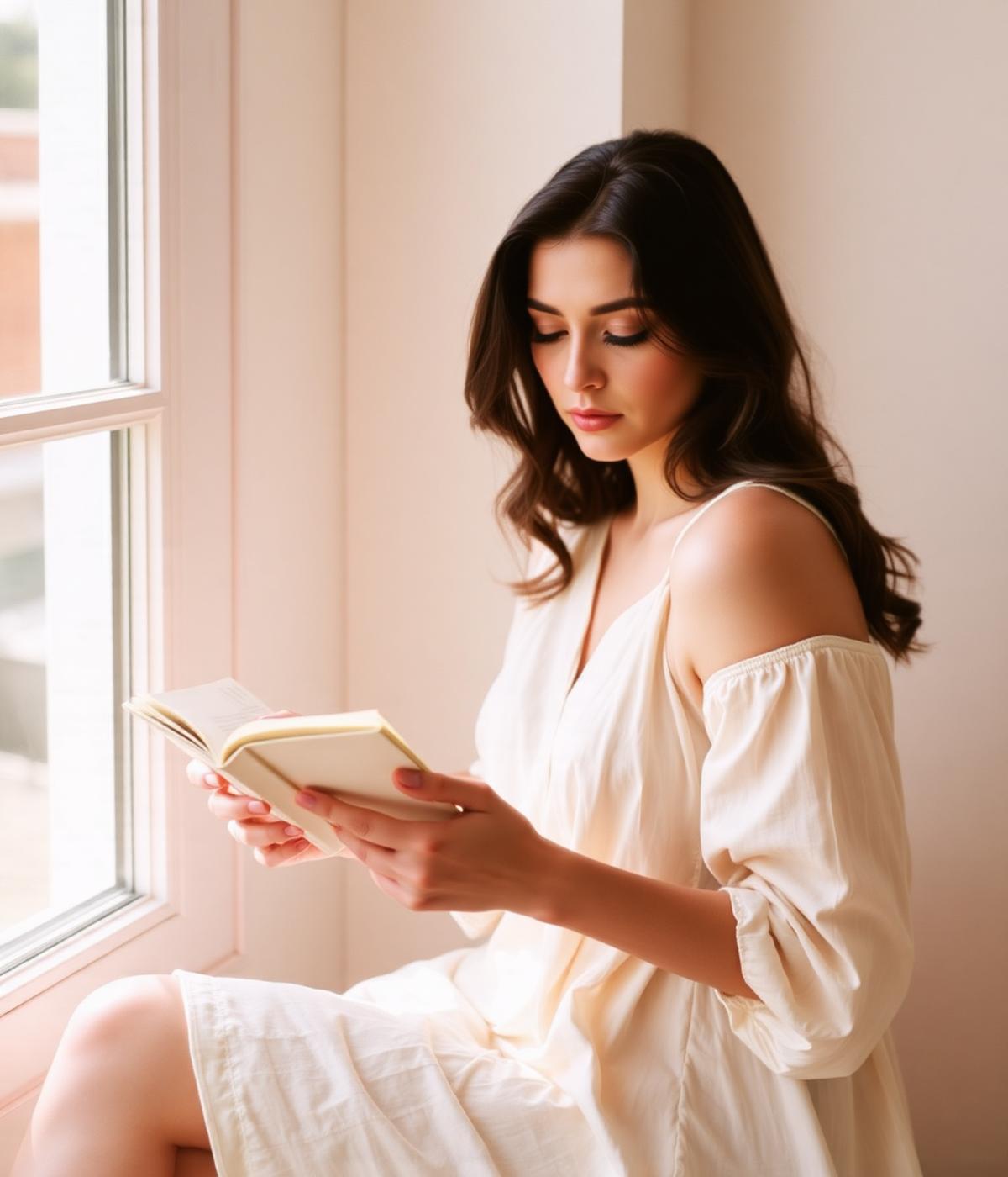A woman reading on a sunny porch in soft linen.